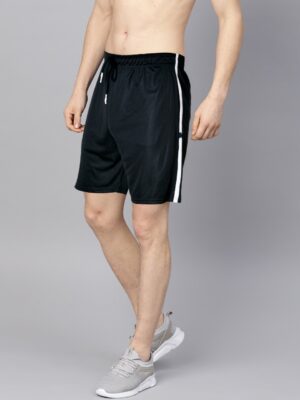 kaspy shorts - side view of black color with white striped nylon shorts