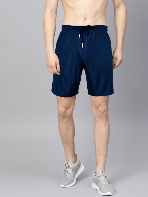 kaspy shorts - front view of navy color with white striped nylon shorts