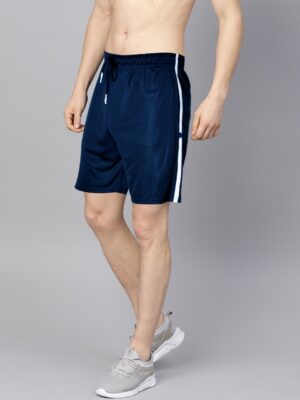 kaspy shorts - side view of navy color with white striped nylon shorts